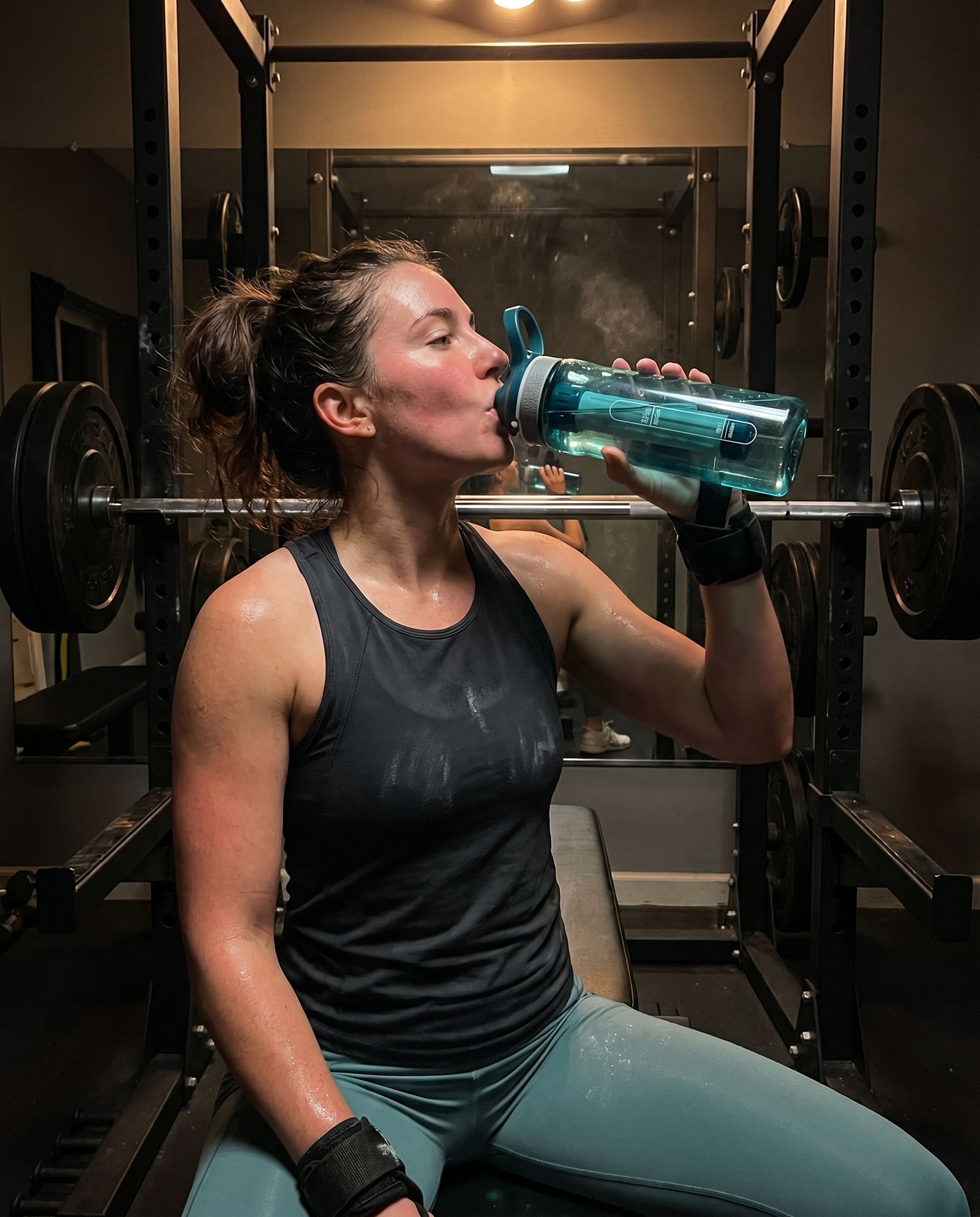 Woman drinking from Aquanaut between sets at the gym
