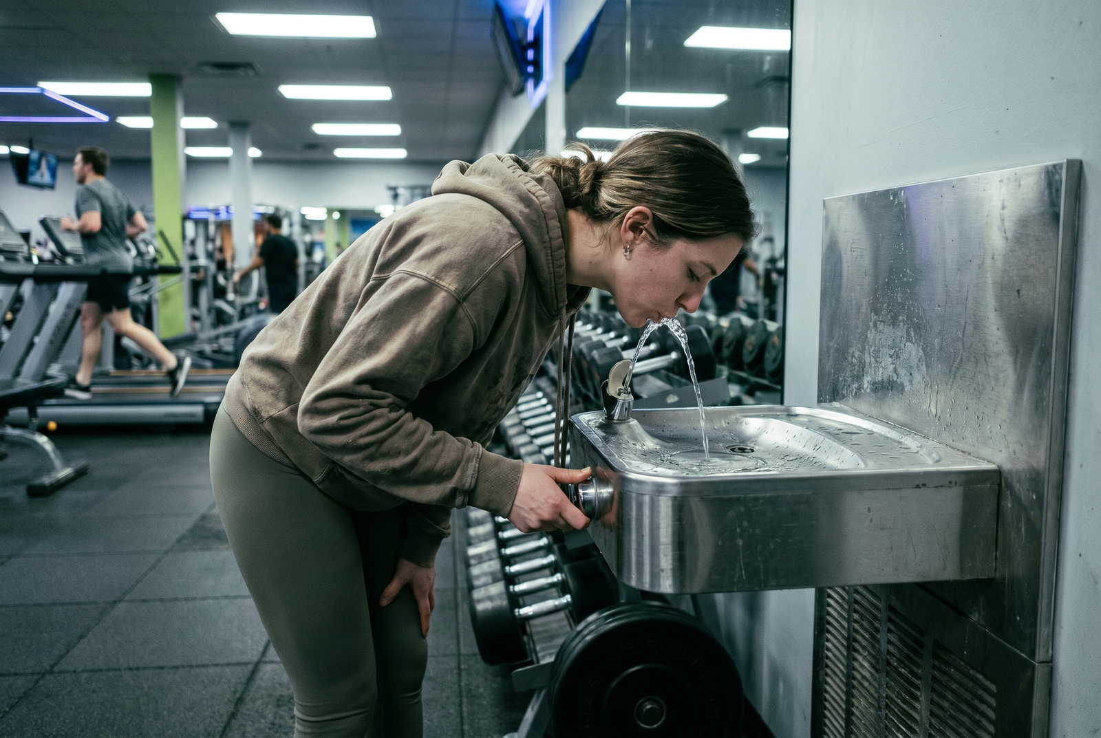 Woman drinking directly from a worn gym water fountain — the problem the swab test exposed