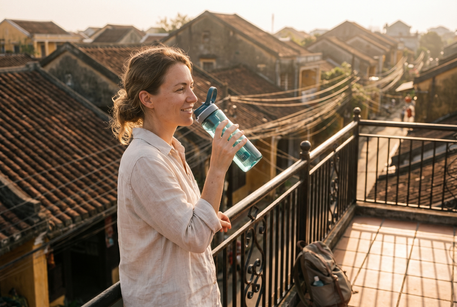 Woman traveler drinking from Aquanaut on rooftop terrace in Southeast Asia